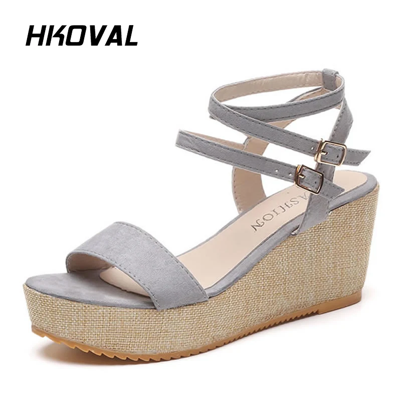 

HKOVAL Women Sandals Fashion Casual Leather Female Shoes Comfortable Flock Ladies Shoes Summer Wedges Soild Sandals