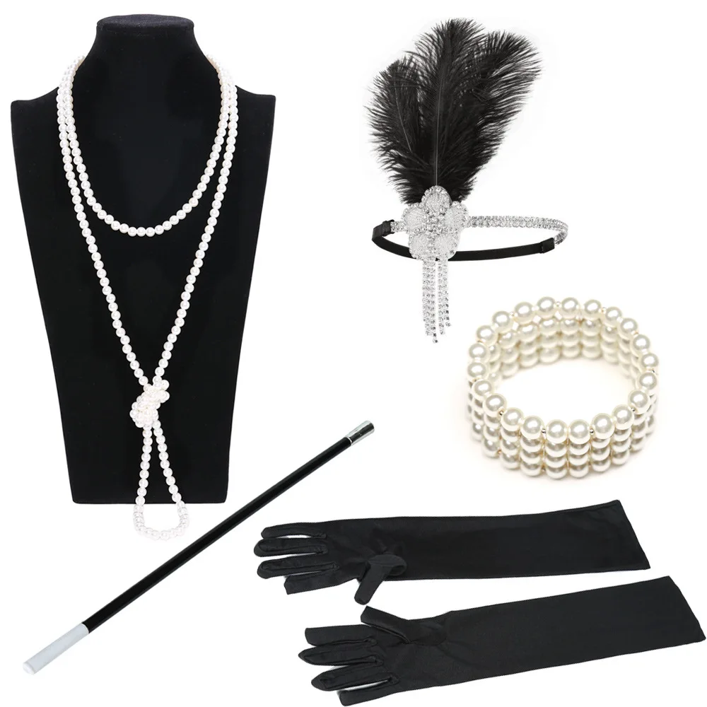 1920s Charleston вечерние украшения для девочек, стразы, повязка на голову, жемчужное ожерелье, браслет, держатель для сигарет, набор аксессуаров Great Gatsby - Цвет: Full Set