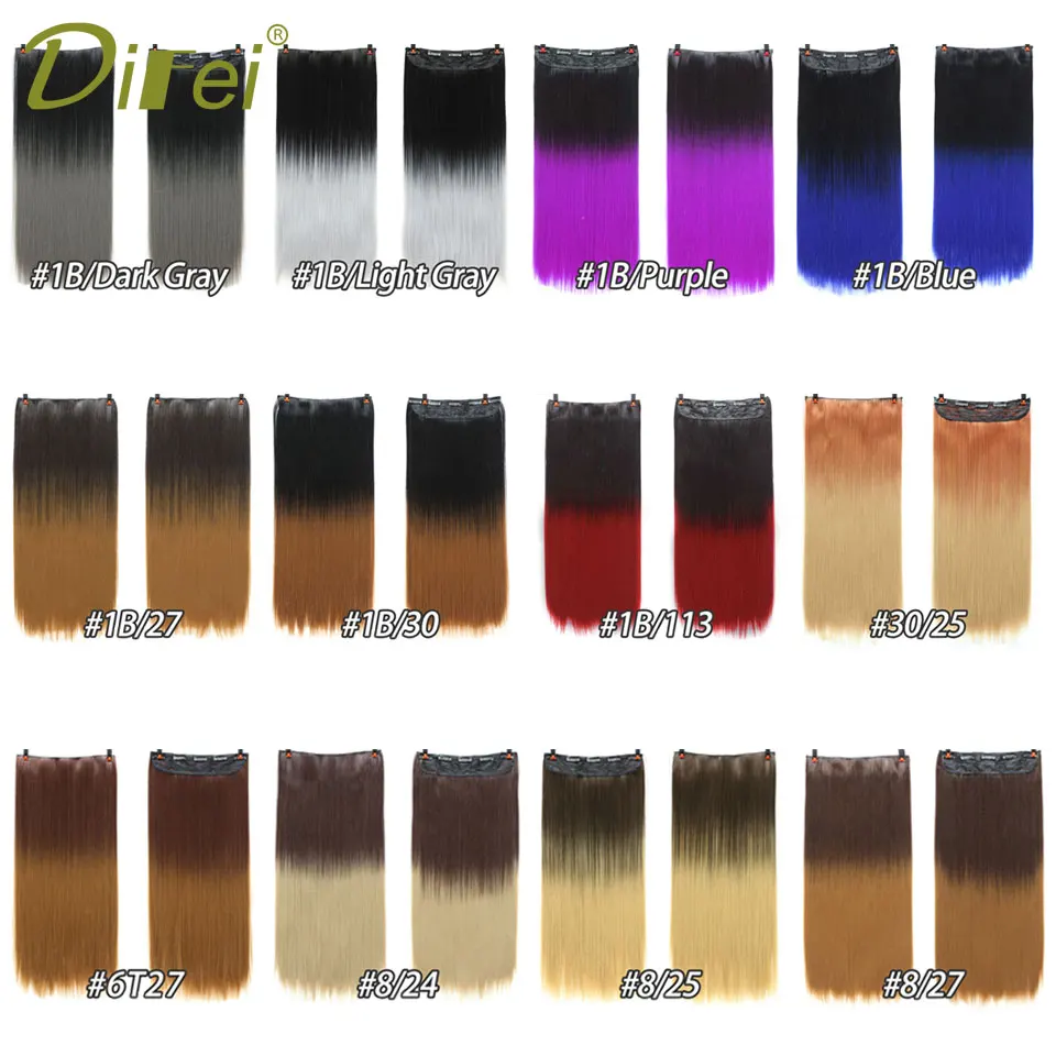 24inch Long Curly Black to Gray Women Hair High Tempreture Synthetic Ombre Hair Piece Clip in Hair Extensions DIFEI