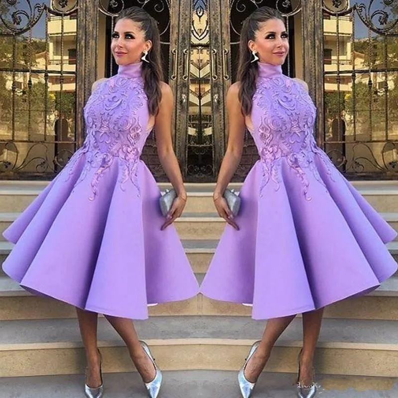

Custom Made Formal Gowns Sleeveless Robe De Soiree Applique Pleats Formal Dresses Lilac Midi Calf casamento robe de mariee