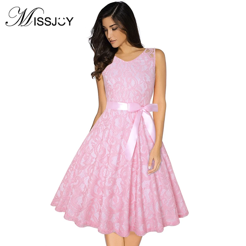

MISSJOY Crochet Floral Lace vintage dress elegant fashion women clothes sleeveless O-Neck high waist with Belt plus size 3XL-4XL