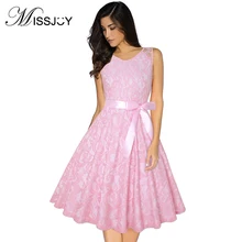 Vestido vintage de encaje Floral MISSJOY, ropa elegante de moda para mujer, sin mangas, cuello redondo, cintura alta con cinturón de talla grande 3XL-4XL