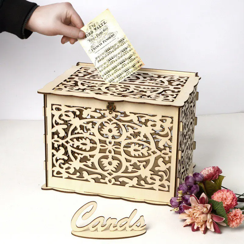 

DIY Wedding Gift Card Box Wooden Money Box with Lock Beautiful Wedding Decoration Supplies for Birthday Party