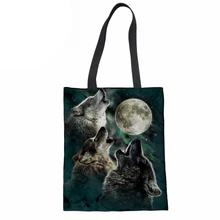 Холщовая Сумка, повседневная сумка для женщин, многоразовая сумка для покупок, сумки для девочек-подростков, пляжная сумка, верхняя часть с изображением волка, сумки с ручкой, новинка