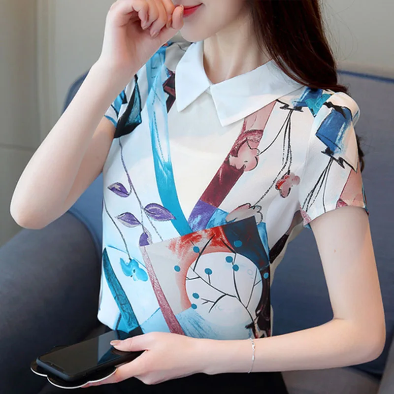 

Women Fashion Spring Summer Style Chiffon Blouses Shirts Lady Casual Short Sleeve Peter Pan Collar Flower Blusas Tops DF2764
