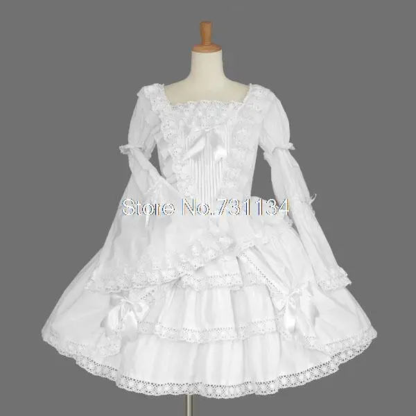 Белый длинный Трубы объемные рукава бантом изысканный кружево сладкий Лолита платье