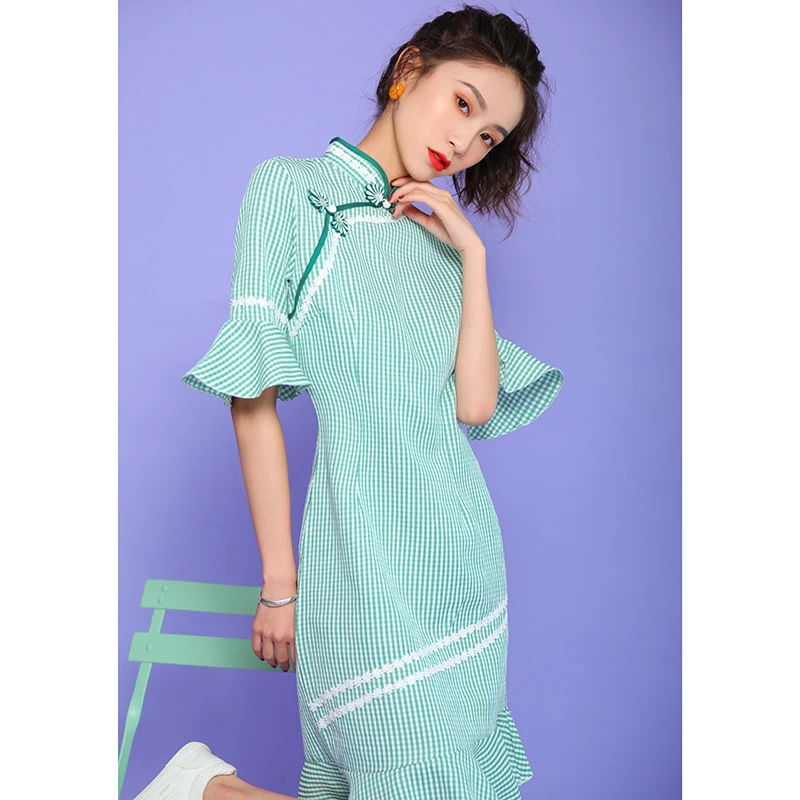 Плюс cheongsam зеленое традиционное китайское Стильное женское платье с воротником дамское элегантное платье из вискозы qipao vestidos