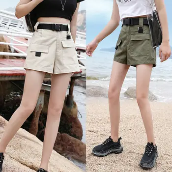 買取 ハイウエストワイドレッグパンツカーゴショーツ女性のヴィンテージサッシ固体カーキポケット 2019 夏ファッション新カジュアル女性のショートパンツ