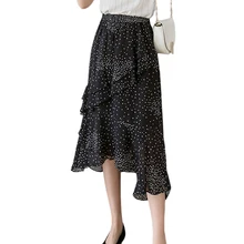 Корейский Элегантный принт женские летние юбки в горошек шифоновая юбка с оборкой, с высокой посадкой миди юбки женские богемные юбка-годе