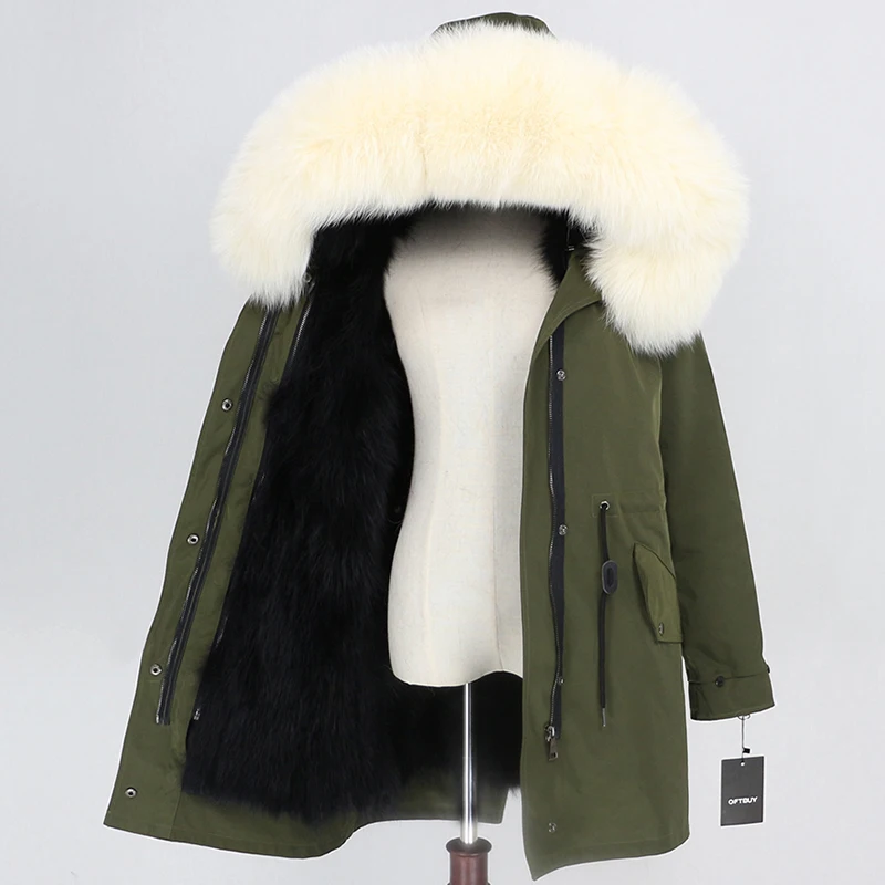 OFTBUY пальто с натуральным мехом, зимняя куртка для женщин, натуральный Лисий мех, водонепроницаемая парка, съемная верхняя одежда, Толстая теплая уличная одежда, бренд - Цвет: green black beige D