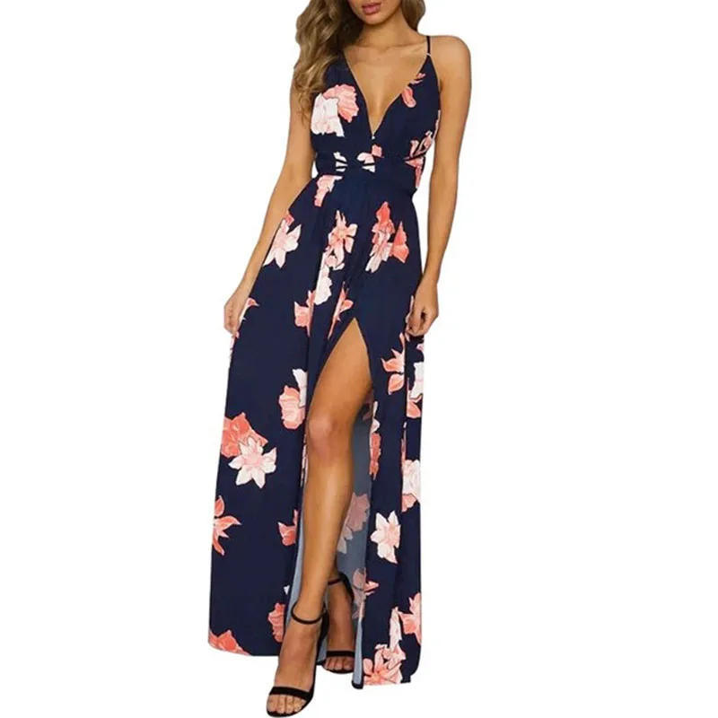 

ZADORIN Summer Beach Dress Women Bohemian Floral Print Spaghetti Strap Bandage Maxi Dress Sexy Split Backless Party Boho Dress