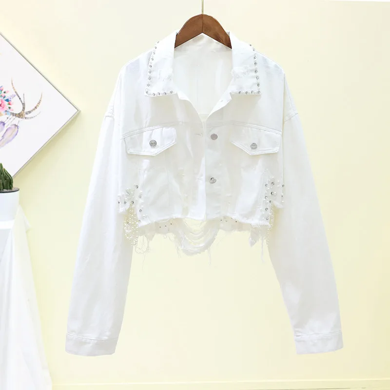 Spring Streetwear Pink Short Denim Jackets Female Beading Hole Jeans Jackets Long Sleeve Loose Cowboy Coat