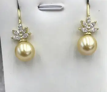 

free shipping charming 9-10mm SouthSea dangle gold pearl earring 925 silver