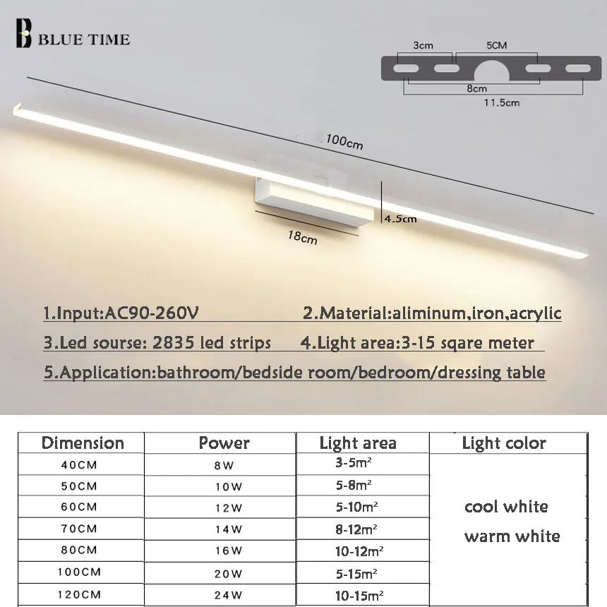 Большой современный светодиодный настенный светильник для ванной комнаты, настенный светильник, светодиодный настенный светильник для барной комнаты, зеркальный передний светильник, белый L120 100 80 60 40 см