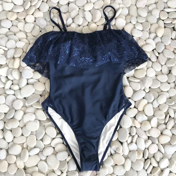 

CUPSHE Dark Blue Lace One-piece Swimsuit Women Solid Ruffle Adjustable Shoulder Straps Monokinis 2020 Beach Bathing Swimwear
