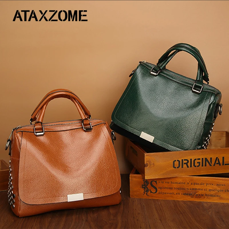 

ATAXZOME Crossbody Vintage Trendy PU Leather Handbags Rivet Boston Messenger bag for Women 2019 Zipper Bags Shoulder Tote bolsos