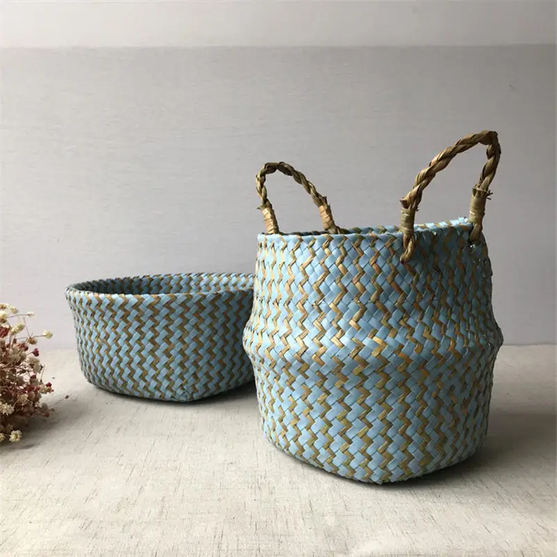 Складная корзина для хранения водорослей ручной работы плетеная ротанговая соломенная садовая Цветочная корзина с волнистым узором корзина для одежды - Цвет: Blue