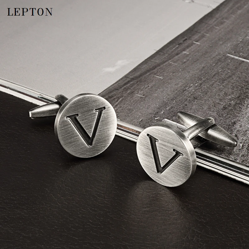 

Hot Sale Letters V of an alphabet Cufflinks For Mens Antique Silver plated Round Letters V cuff links Men shirt cuffs Cufflinks