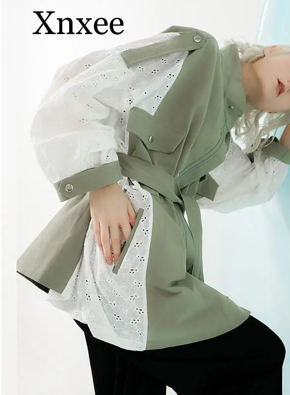 

Xnxee 2019 New Spring Stand Collar Long Sleeve Back Lace Split Joint Large Size Jacket Women Coat Fashion