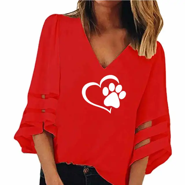 2018 New Fashion Dog Paw Print Women Sexy V-neck Splicing Hollow Plus Size T-Shirt Female Tops Half Sleeve Loose Mesh Shirts
