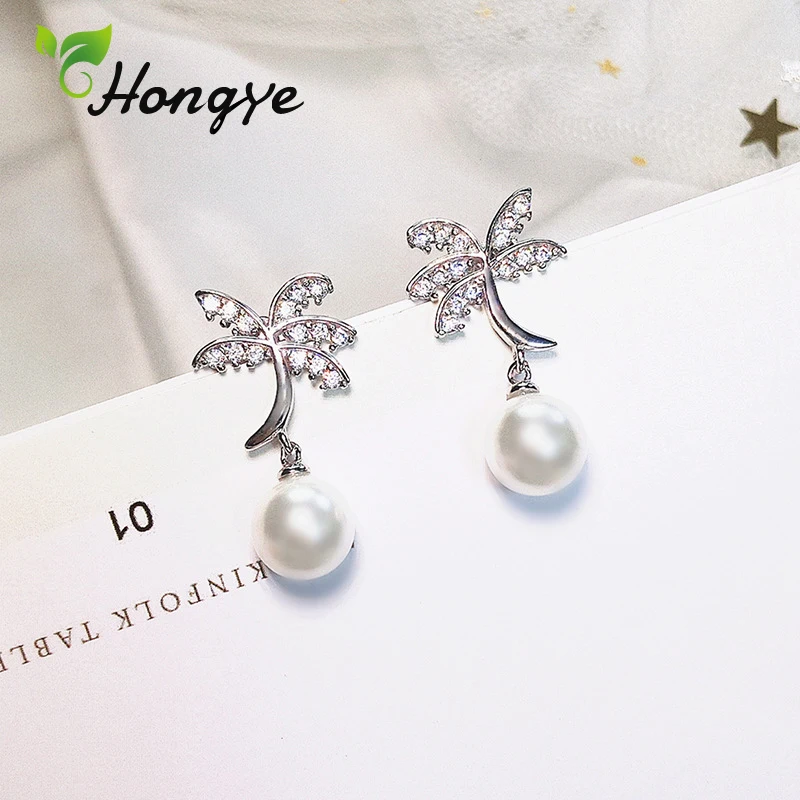 

Silver Pearl Earrings Summer Coconut Palm Big Dangler Girls Sweet Fashion Jewelry Sensitive Ears Silver 925 Brincos Drop Earring