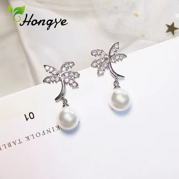 

Silver Pearl Earrings Summer Coconut Palm Big Dangler Girls Sweet Fashion Jewelry Sensitive Ears Silver 925 Brincos Drop Earring