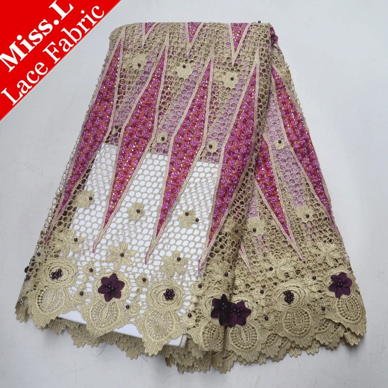 

African Ankara Wax cord Lace Fabric Embroidery with Beads and Stones African Wax Lace fabric 5 Yards/pcs For Party Wedding dress