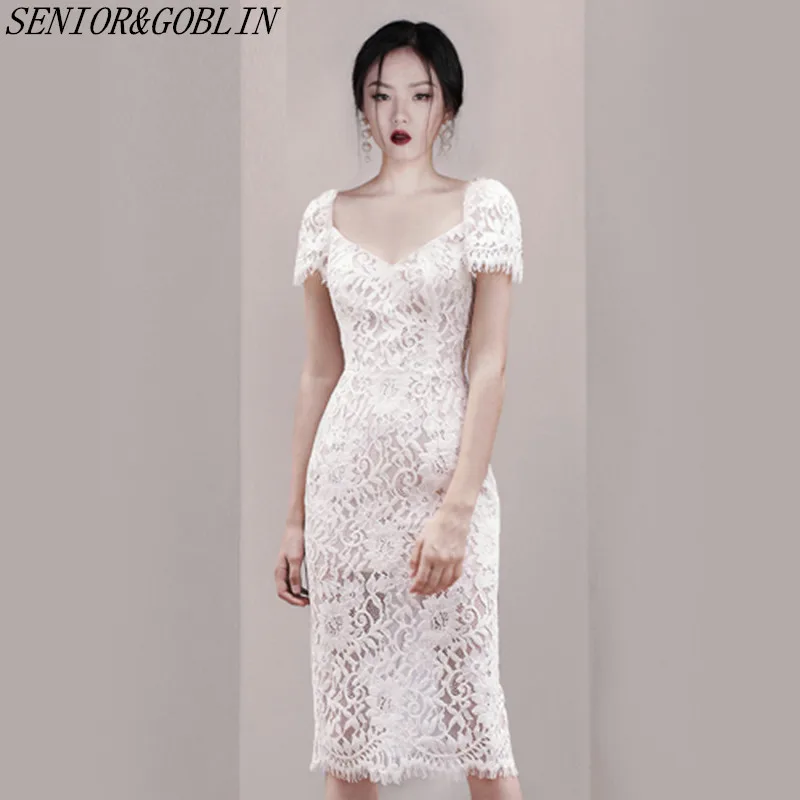 

New 2019 High Quality Summer Luxury Runway Dress Women White Lace Sexy V-Neck Dresses Ladies Club Bodycon Midi Party Dress