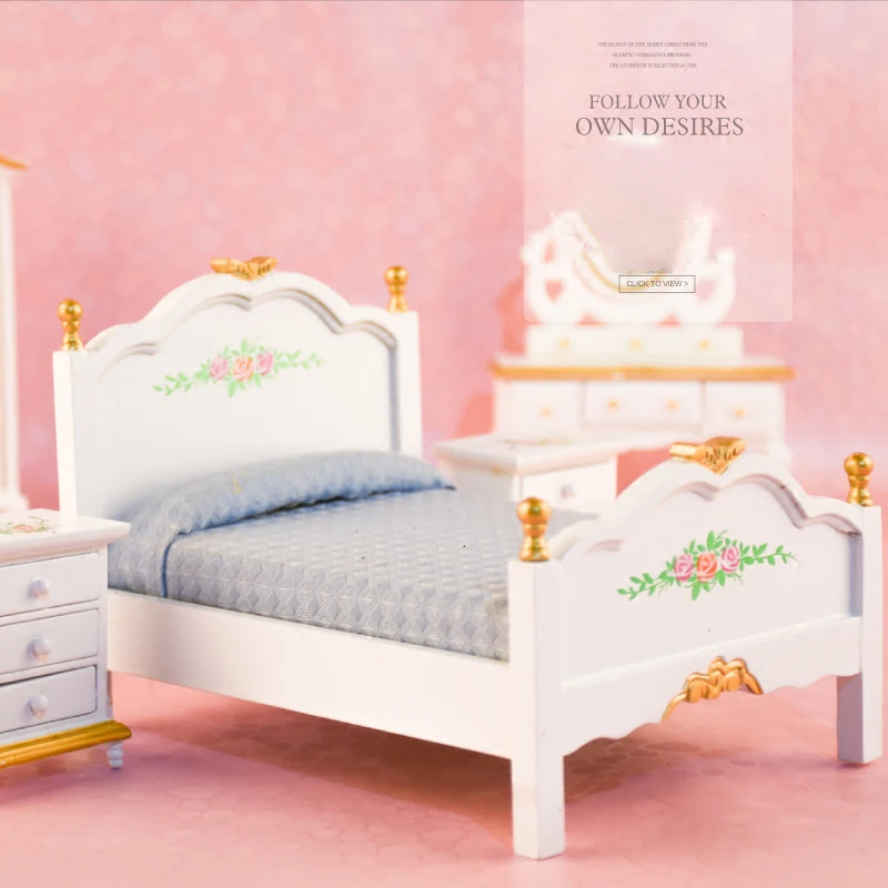 1:12 Dollhouse miniatura simulación azul y blanco cama de madera