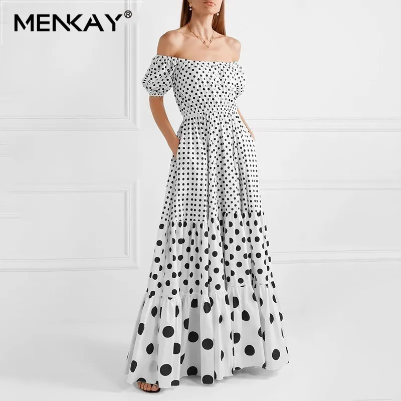 

[MENKAY] Polka Dot Off Shoulder Women Dress Slash Neck Puff Sleeve High Waist Hit Color Maxi Beach Dresses Female Fashion Summer