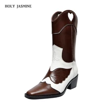 2019 Winter Newest Genuine Leather denim knee high boots for women embroidery knight long boots retro cowboy western booties raw trim calico embroidery denim boots