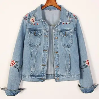 

Casual New Flower Embroidery Classic slim Jeans Jacket Women's Spring short Denim Jacket plus size 2XL