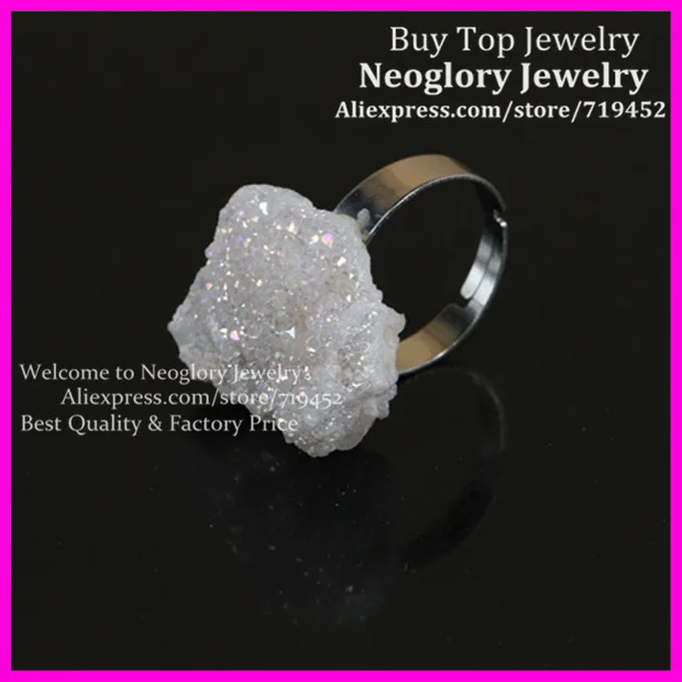 

5pcs White Titanium Quartz Druzy Ring Silver Bezel Ring Unique Semi Precious Crystal Quartz Druzy Ring Gems Drusy Glass Ring