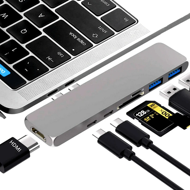  7in1 USB-C Hub Dual Type-C Multiport Card Reader Adapter 4K HDMI For MacBook Pro