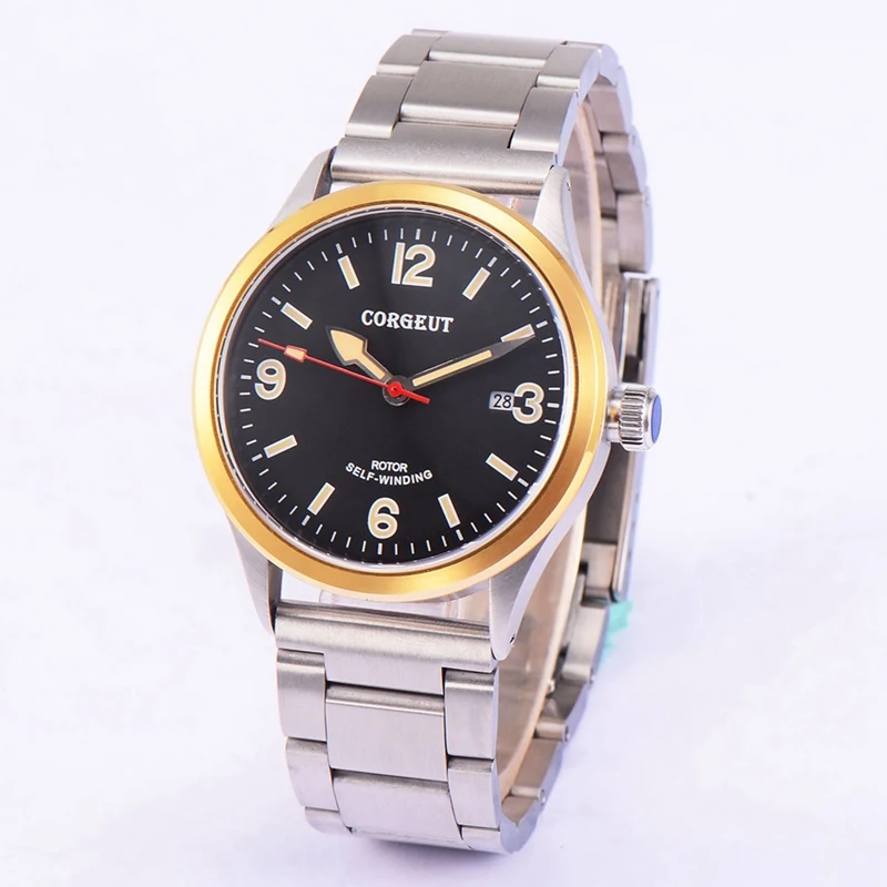 

Corgeut 41mm Mens Automatic Watch Gold Bezel Sapphire Glass WristWatch Stainless Steel Bracelet Yellow Hands Clock CA2015GBY