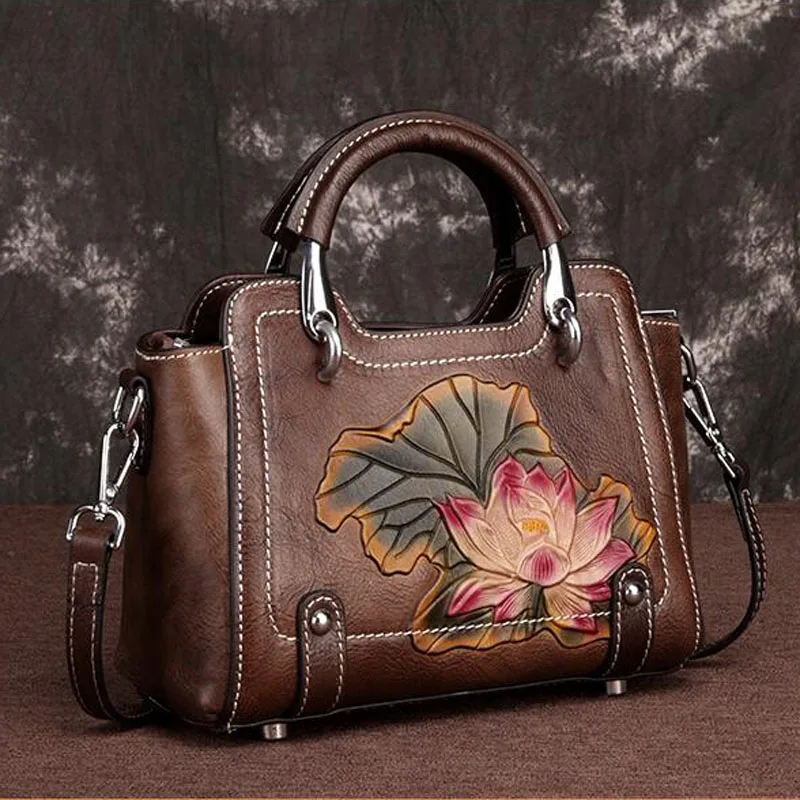 

2019 Vintage Women Handbags Cow Leather Messenger Shoulder Bag Embossing Pattern Flower Bags Unique Design Women Bags