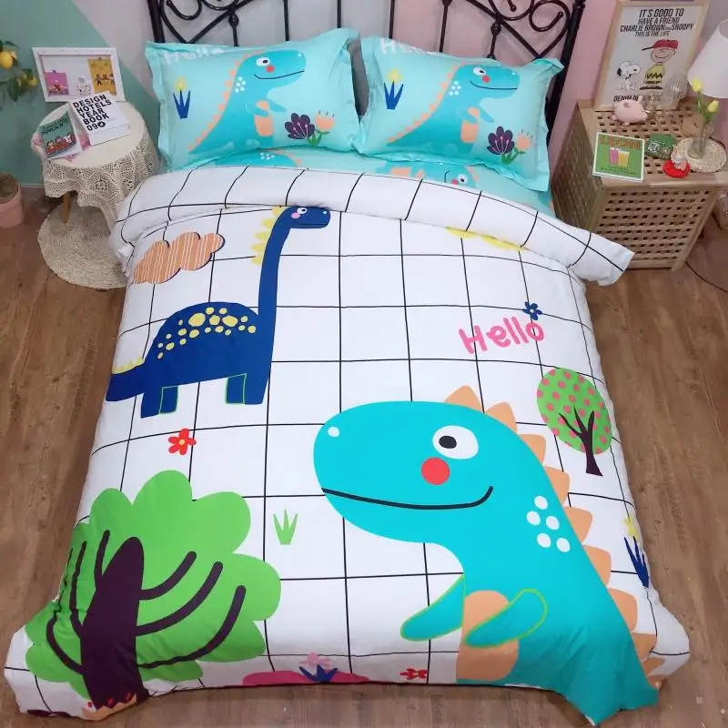 Зеленое постельное белье с изображением динозавров, набор постельного белья с рисунком, синяя простыня, двойной размер, пододеяльник
