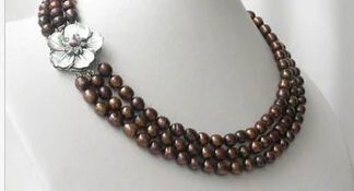

FREE SHIPPINGNoble 3strands gold FW pearl Necklace flower shell cla