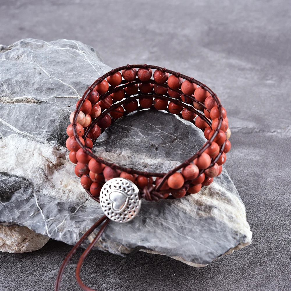 

Asingeloo Red Stone Beads Handmade Unique Charm 3 Strand Wrap Bracelets Boho Jewelry Bracelet For Women Holiday Gift