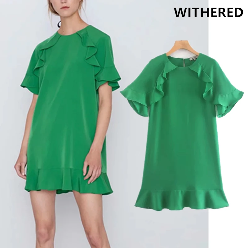 

Withered high street green Cascading ruffles loose o-neck loose mini dress women vestidos vestidos de fiesta de noche plus size