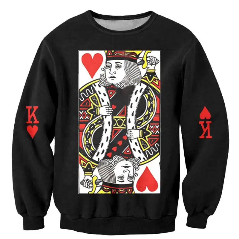 Sondirane New Fashion Black Sweatshirts Men Hoodie Red Heart Poker King Print Pullover 3D Hip Hop Crewneck Sweatshirts Clothing