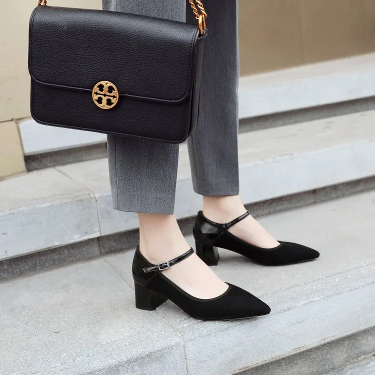 

Big Size 9 10 Ladies High Heels Women Shoes Woman Pumps Shallow pointed buckled heavy-heeled single shoe