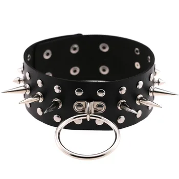 

KMVEXO Big Round Leather Choker Women Bondage Wide Choker Collare Goth Chocker Spike Rivet Statement Necklace Maxi Party Jewelry