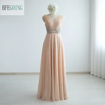 

V-Neck Chiffon Crystal A-line Formal Prom Dress Floor-Length Sleeveless Real/Original Photos Custom made
