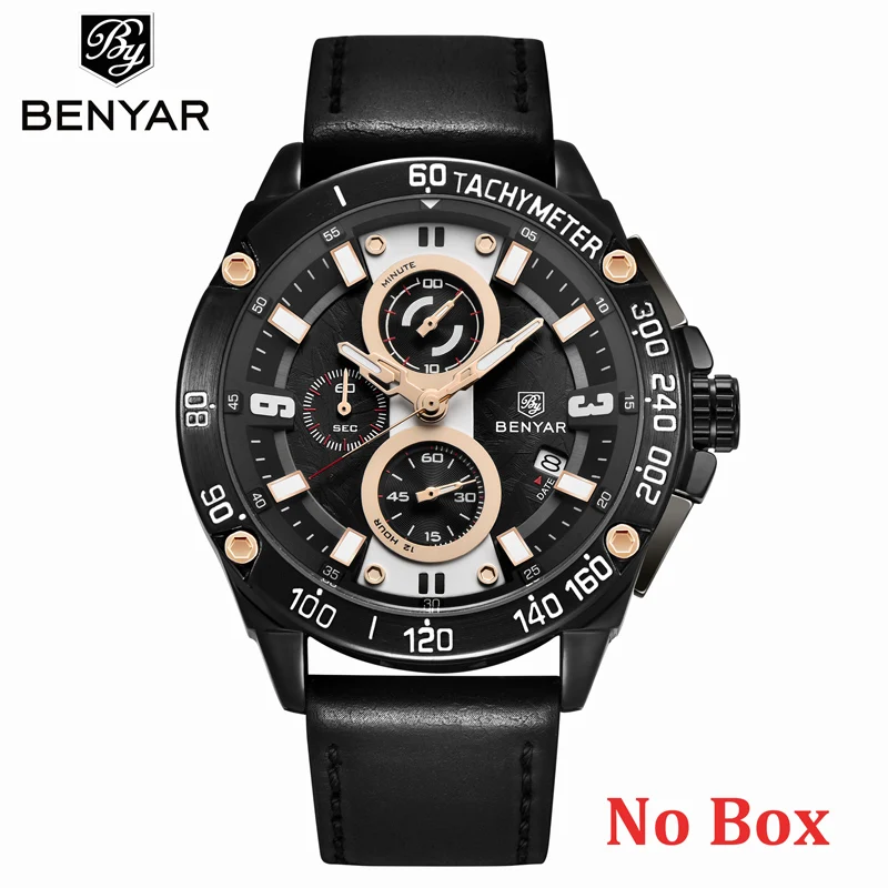 BENYAR, мужские часы, золотые часы, мужские кварцевые часы в стиле милитари, Wriswatch, для мужчин, s, лучший бренд, роскошные часы с хронографом, Relogio Masculino - Цвет: Black No Box