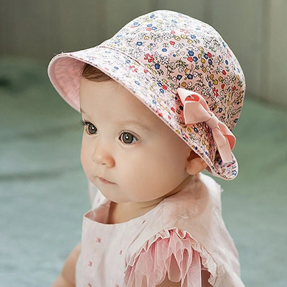New Flower Print Cotton Baby Hat Summer Hat Kids Girls Floral Bowknot