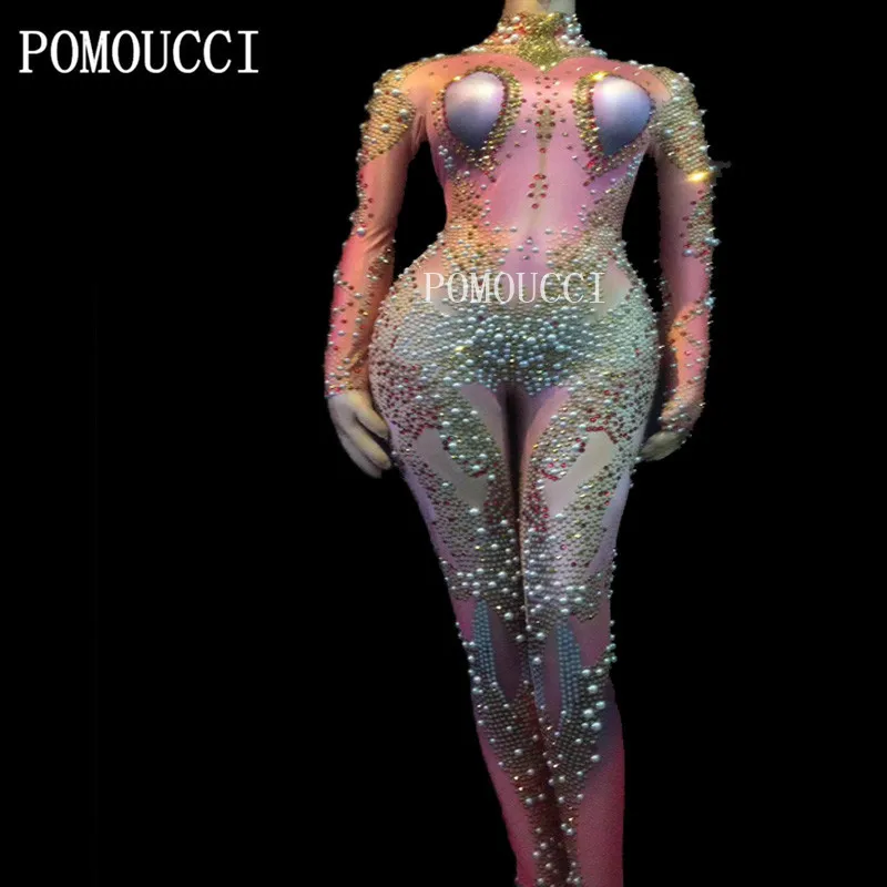 

Новинка 2020 г., женский разноцветный Блестящий Комбинезон, сексуальный эластичный комбинезон с жемчужинами, длинный сценический костюм сиамского типа для взрослых