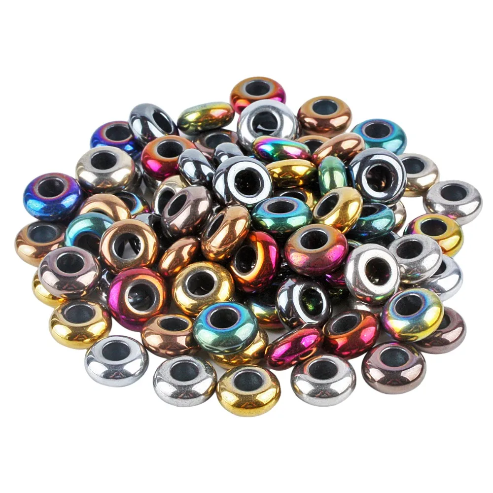 

TUMBEELLUWA 1Lot (50Pc) Multicolor Polished Hematite Stone Big Hole Loose Beads Fit European Bracelet