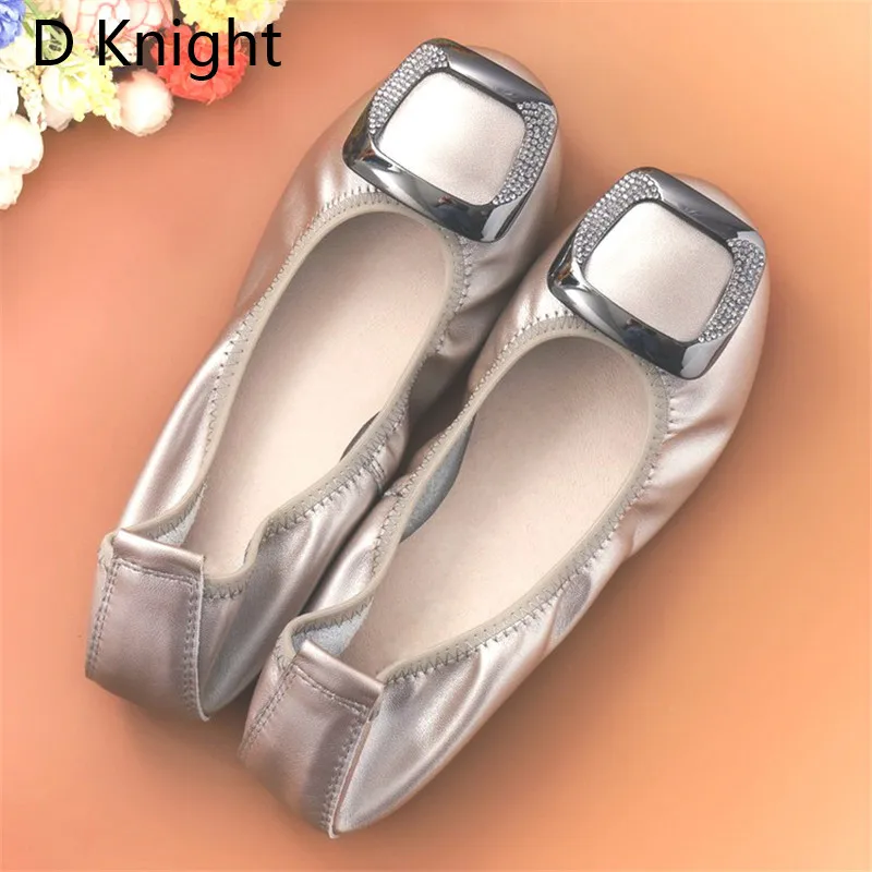 Comfortab Women's Flat Shoes Large Size 12 Genuine Ballet Leather Footwear for Women Csytal Metal Decoration Female Loafer Shoes (9)