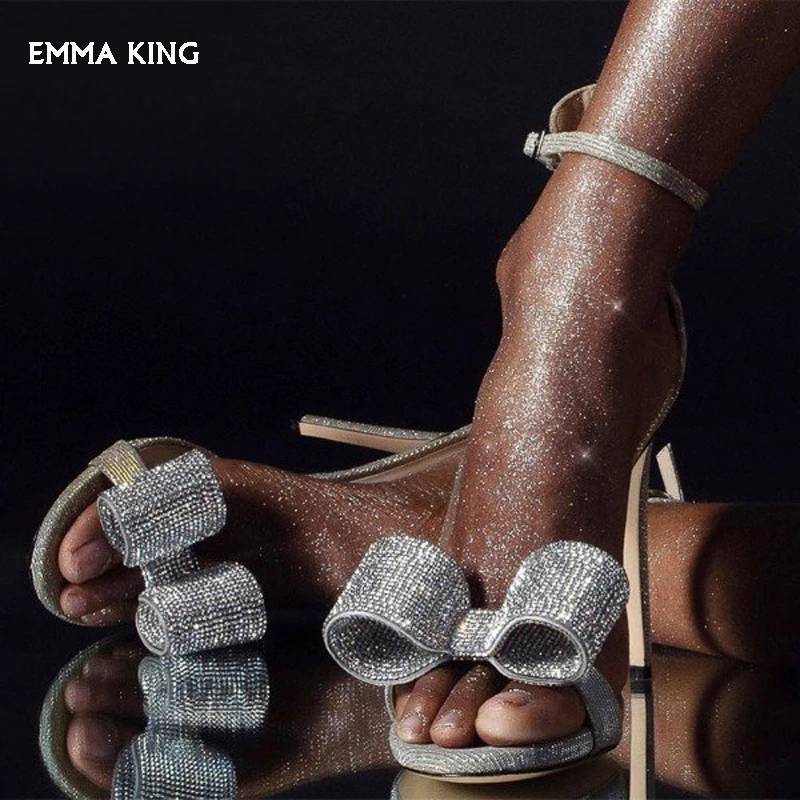 

New Silver Rhinestone Bow Sandals Women Bridal Shoes Ankle Strap Sandalias mujer Open Toe Ladies Shoes High Heels Wedding Shoes